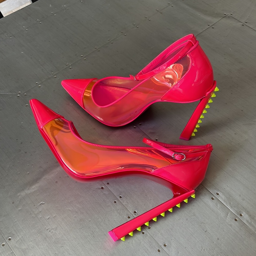 Christian Louboutin debout condorapik pink fluo neon yellow spike pump sz 39 - Picture 5 of 14